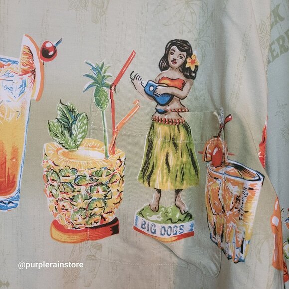 Vtg Big Dogs Hawaiian Camp Shirt 2X Pocket Green Tropical Drinks Vacation Y2K - Picture 3 of 15